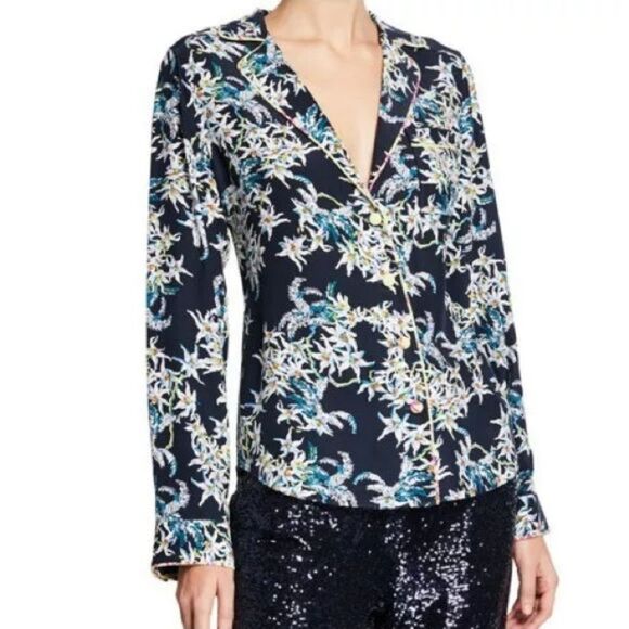 Cinq a Sept Silk Juliet Floral Print Blue Multi Color Blouse Women's Size Small - Picture 1 of 11